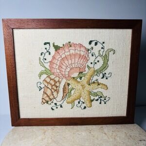 Vintage Beach Sea Shells Cross Stitch Wood‎ Frame Art Embroidery Cottage Decor